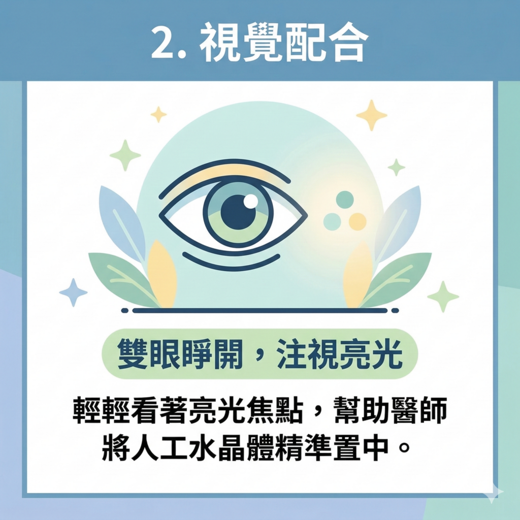 陳冠博醫師白內障術中配合小提醒-無痛微創手術過程-雙眼睜開注視亮光-高雄白內障推薦