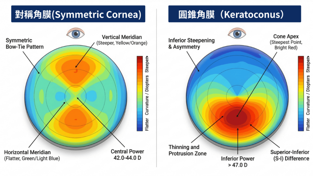 Comparison of keratoconus and normal cornea on a corneal topography map