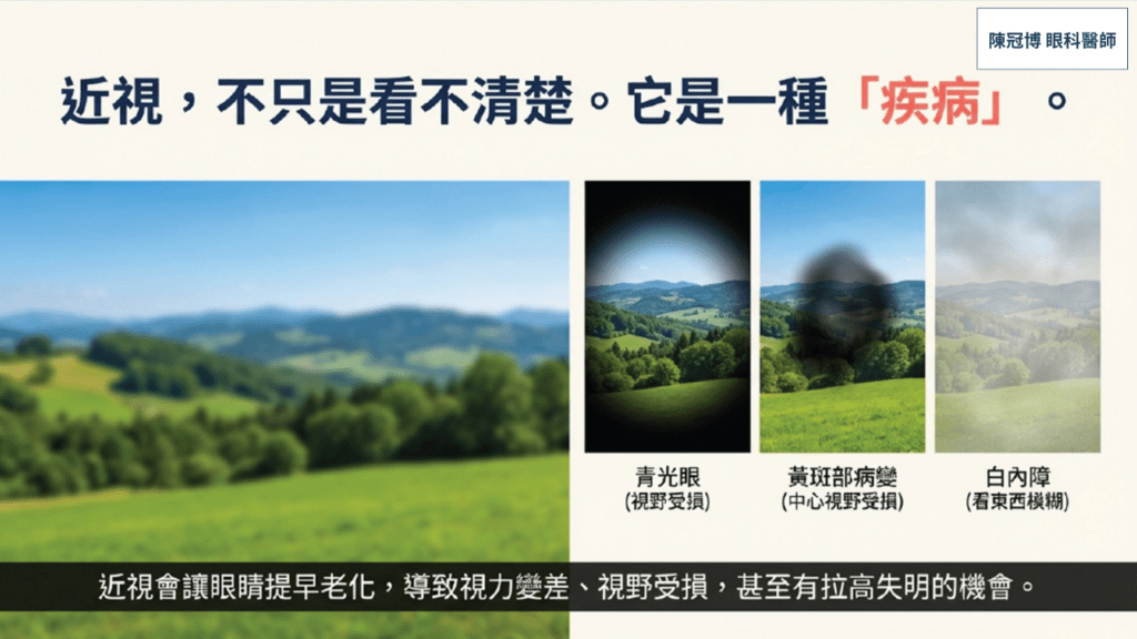 Myopia leads to irreversible blindness such as glaucoma and maculopathy