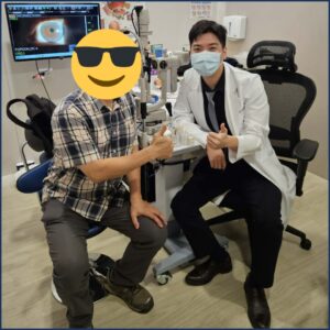 陳醫師與雙眼白內障患者術後的合照