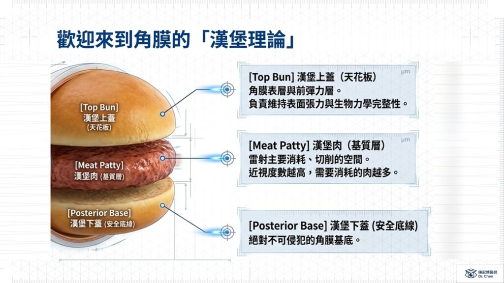 陳醫師用漢堡理論來解釋近視雷射三種術式的差異: SMILE、LASIK、PRK