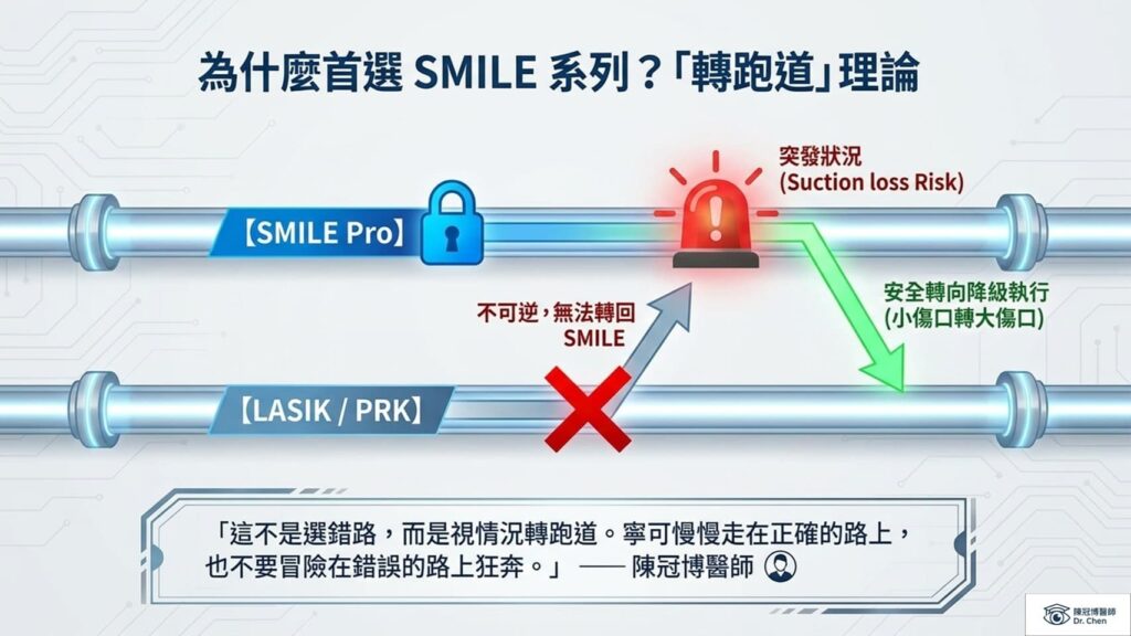 一般正常條件的角膜首選最穩定安全的SMILE，若散光或近視度數太高，再考慮其他
