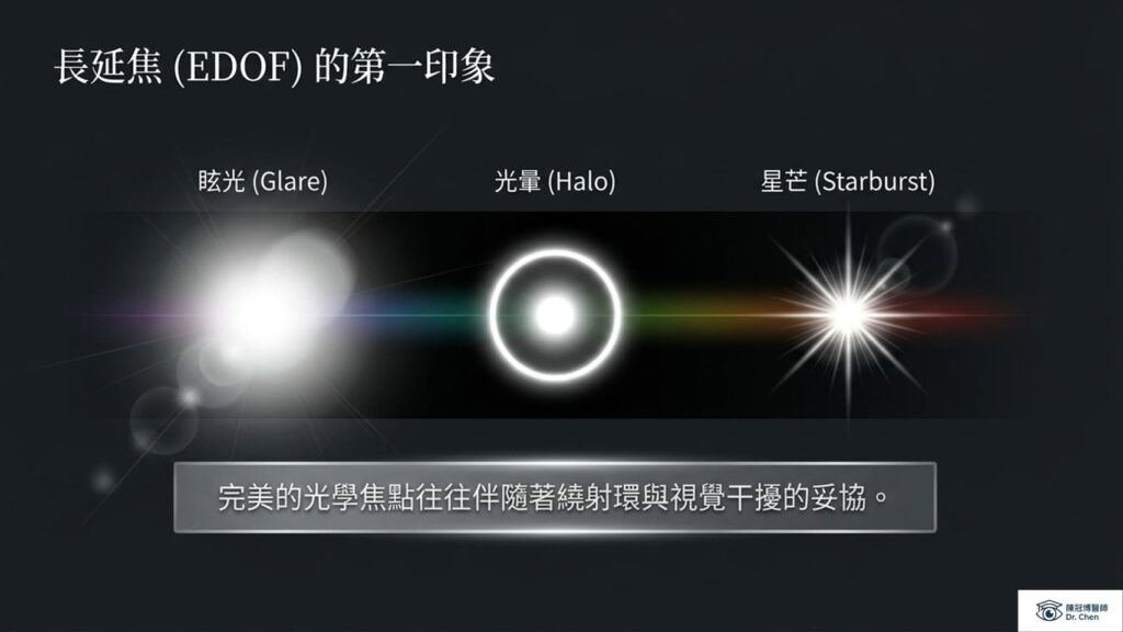 繞射型設計的水晶體常見光學干擾:眩光 (Glare)、光暈 (Halo) 與星芒 (Starburst) 示意圖 。