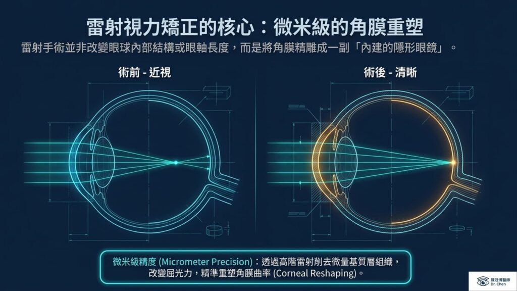 Diagram demonstrating the optical principle of micrometer corneal reshaping in laser vision correction.