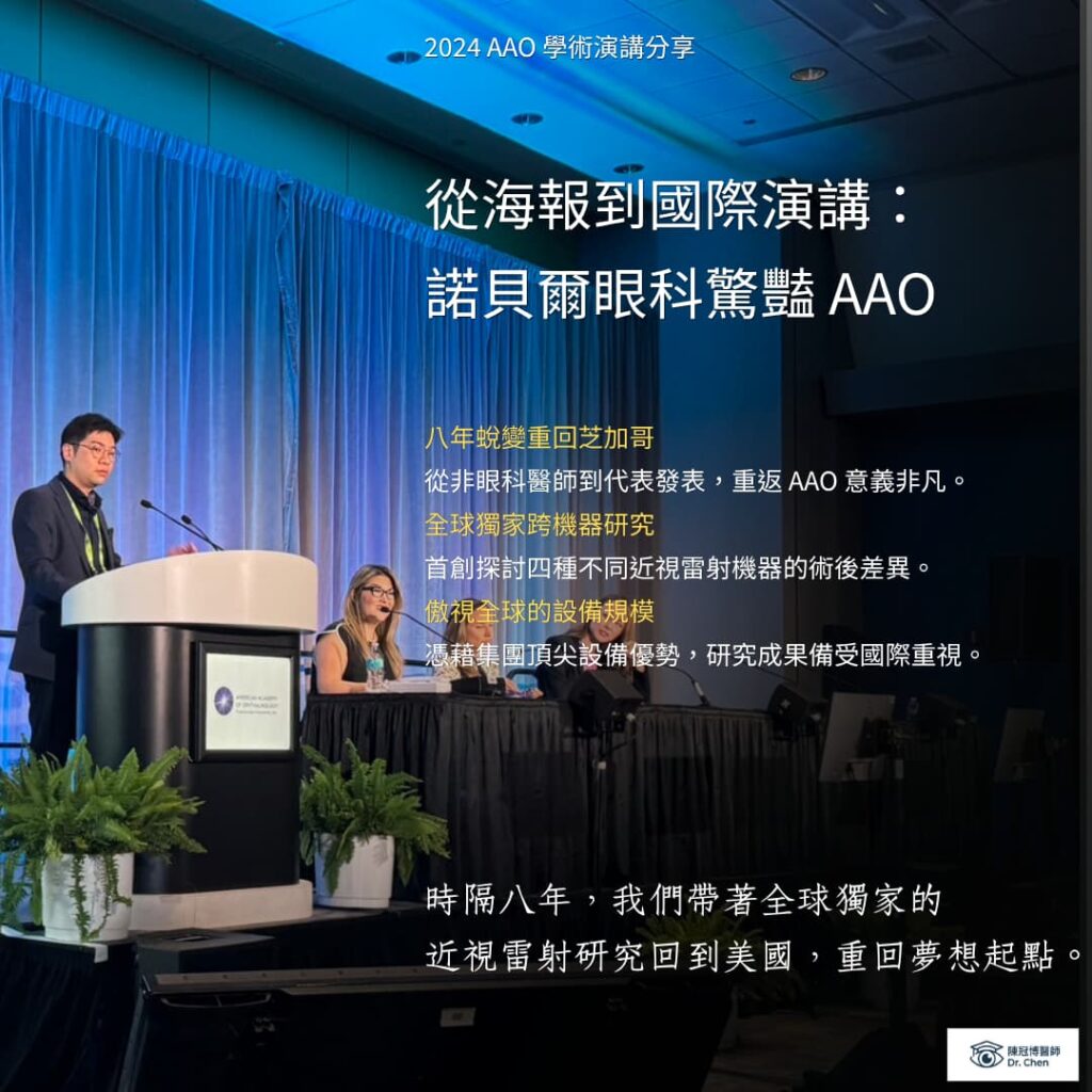 陳冠博醫師代表諾貝爾眼科到美國眼科醫學會簡報近視雷射的最新研究發現