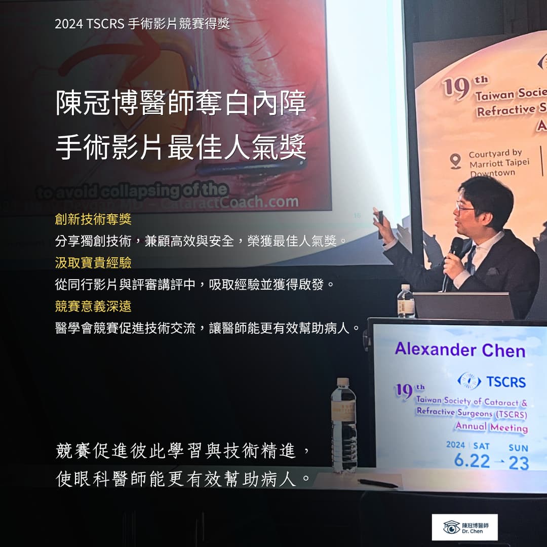 陳醫師於TSCRS獲得白內障手術影片發表創新手術技術最佳人氣獎