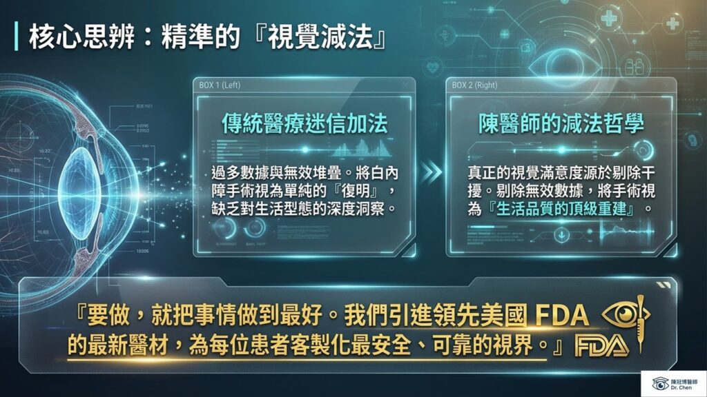 陳冠博醫師核心思辨：精準的「視覺減法」哲學，引進領先美國 FDA 醫材提供高品質白內障手術 。
