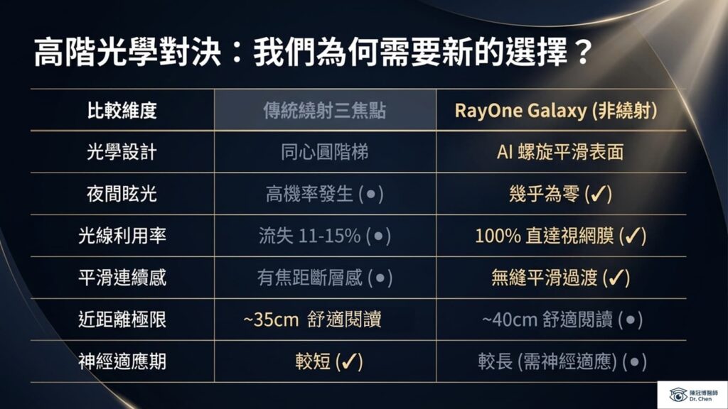 人工水晶體功能比較表：傳統繞射三焦點 vs RayOne Galaxy 非繞射設計，涵蓋眩光、光線利用率及平滑感等維度分析。