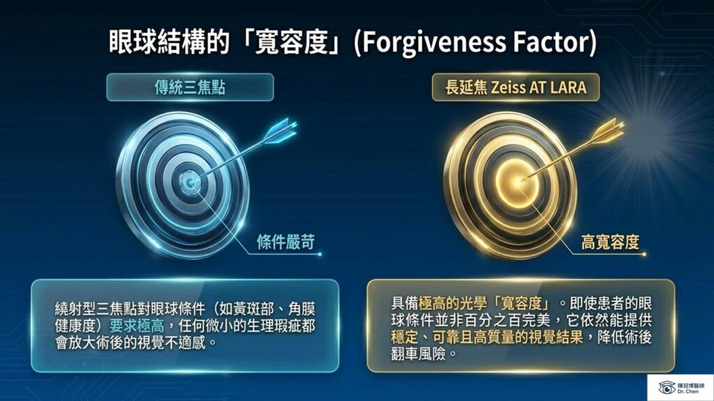 水晶體選擇的寬容度 (Forgiveness Factor):對比傳統三焦點與高寬容度的 Zeiss AT LARA 長延焦 。