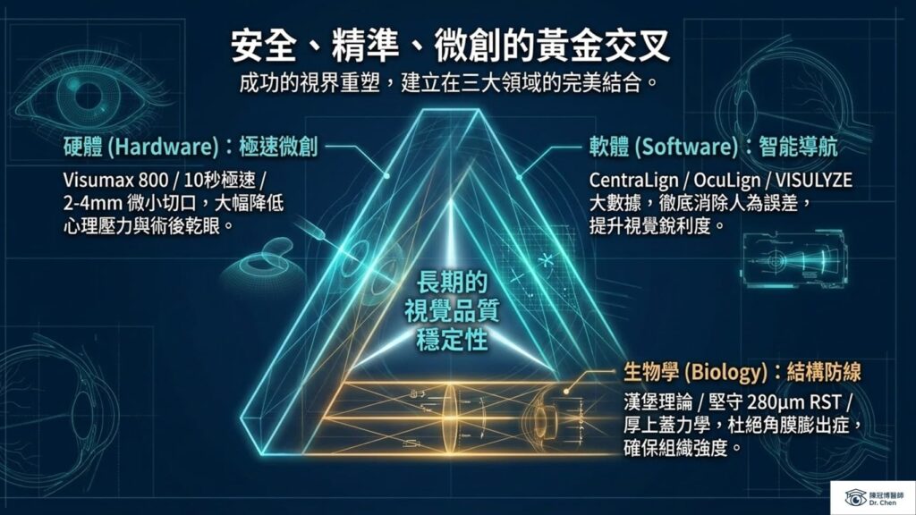 Triangle diagram representing the golden intersection of hardware, software, and biology for long-term vision stability.