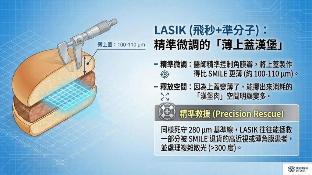 陳冠博醫師漢堡理論：LASIK 準分子飛秒需掀瓣，精準微調薄漢堡蓋下的基質層。