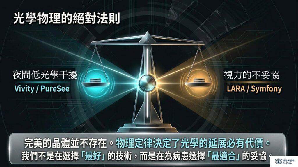光學物理絕對法則示意圖:對比 Vivity 與 PureSee 的低光學干擾,以及 Zeiss AT LARA 對視力品質的不妥協,強調為病患選擇「最適合」的折衷方案。