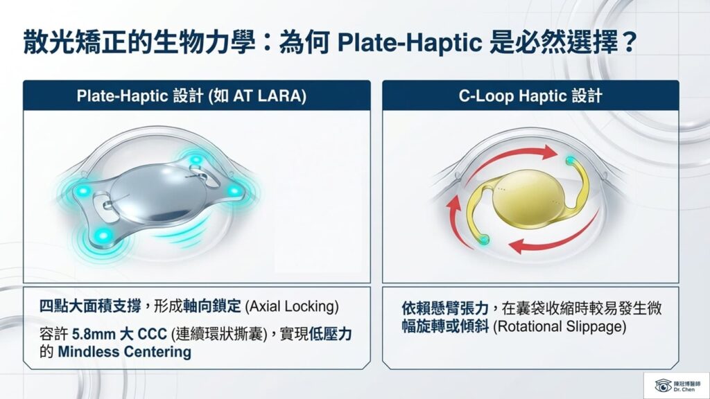 人工水晶體散光矯正生物力學對比:蔡司 Plate-haptic 四點大面積支撐(軸向鎖定)與傳統 C-loop 懸臂結構對比,容許 5.8mm 大開口撕囊(Large CCC)以維持 mindless centering 的高度穩定性