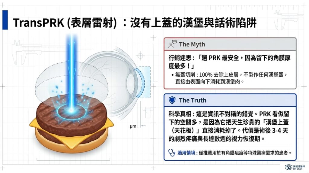 陳冠博醫師漢堡理論：PRK 表層雷射沒有漢堡上蓋，直接消耗角膜天花板。