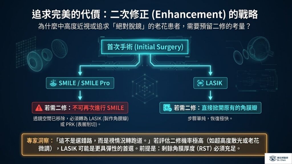 Flowchart explaining laser vision correction secondary enhancement strategies for SMILE/SMILE Pro and LASIK.