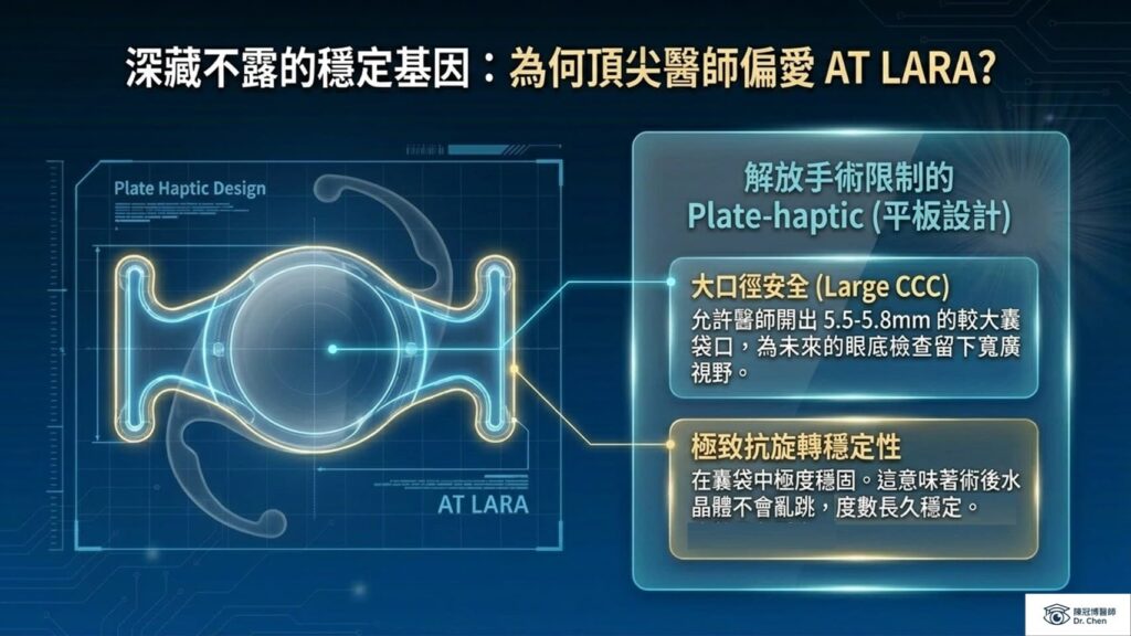 蔡司 Zeiss AT LARA 獨家 Plate-haptic 平板式支撐腳設計解析，具備大口徑安全 (Large CCC) 與極致抗旋轉穩定性，確保術後度數長久穩定。
